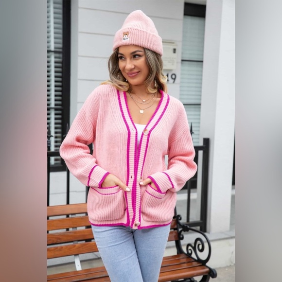 Waffle Knit V-Neck Cardigan with Pocket - Picture 1 of 12